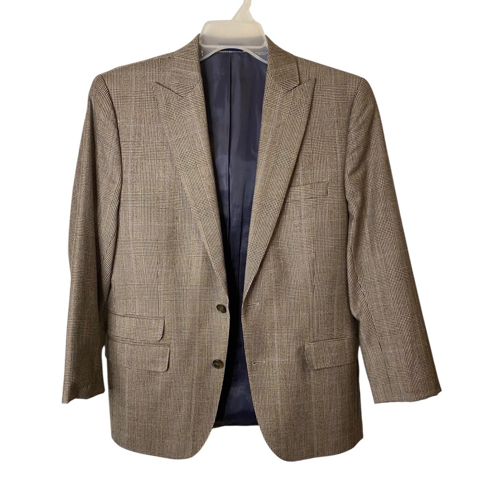 Stafford Signature Mens 40R Slim Fit Brown Plaid 100% Wool Sport Coat Blazer